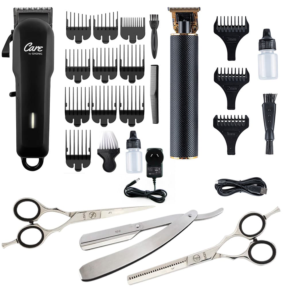 Set 3 en 1 Tijera Pulir Navaja + Cortadora de Pelo Recargable CARE + Cortadora de Pelo Patillera Gadnic