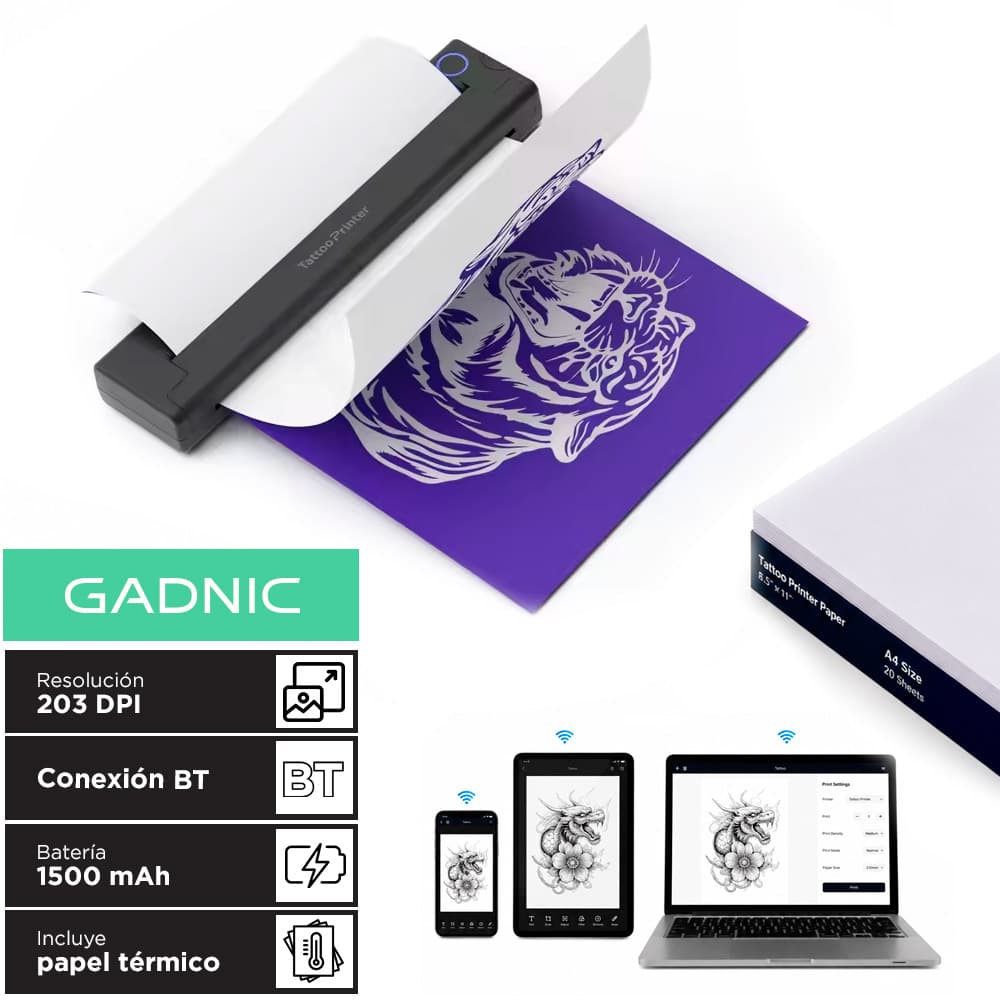 Impresora De Tatuajes Portatil Gadnic Impresion Termica 203 DPI BT Y Cable Bateria 1500 mAh Compatible Multisistema