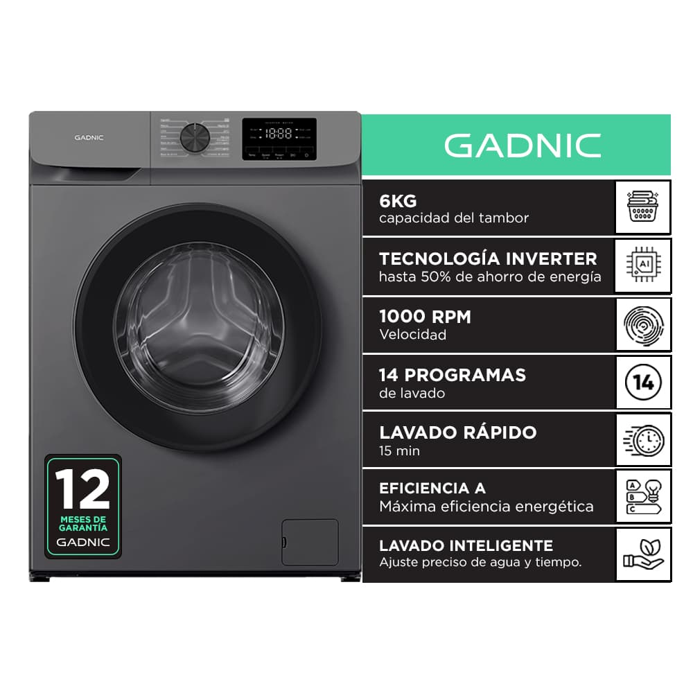 Lavarropas Automático Gadnic Gris 6 Kg Slim Fit Tecnología Inverter 1000 RPM Carga Frontal 14 Programas Lavado Rápido 15 Min