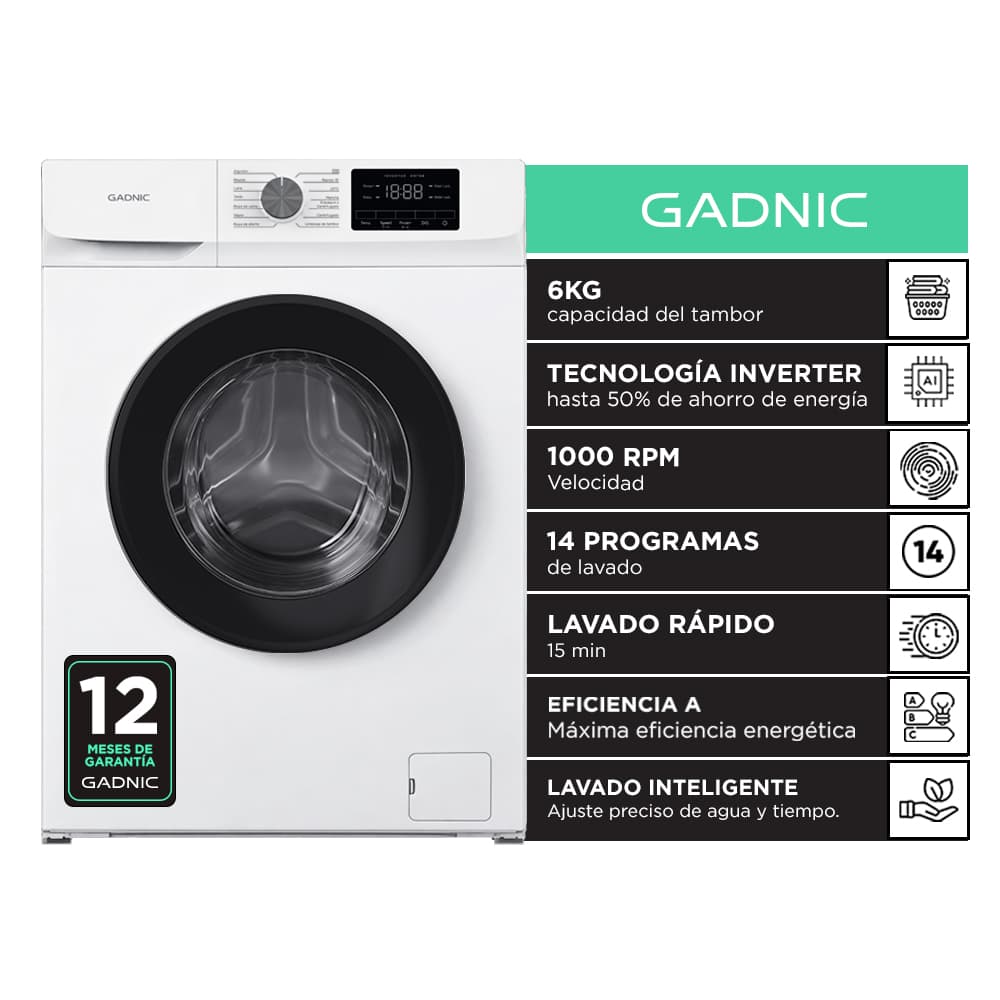 Lavarropas Automático Gadnic Blanco 6 Kg Slim Fit Tecnología Inverter 1000 RPM Carga Frontal 14 Programas Lavado Rápido 15 Min