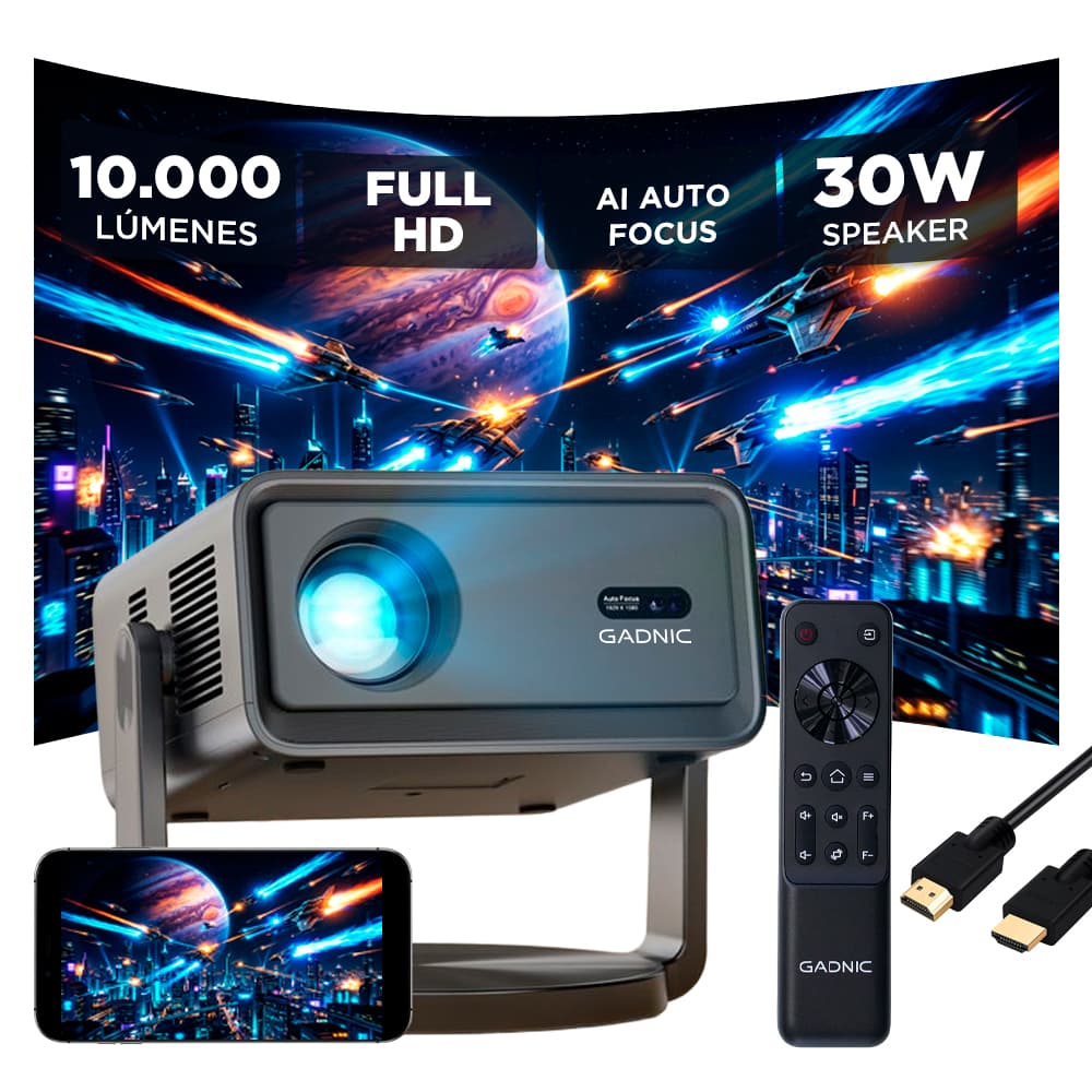 Proyector Gadnic Full HD 1080P 260 ANSI Conexión Inalámbrica BT Múltiple Conectividad